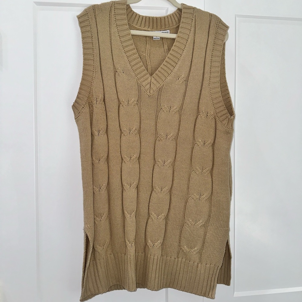 Long Tan V-Neck Sweater Vest